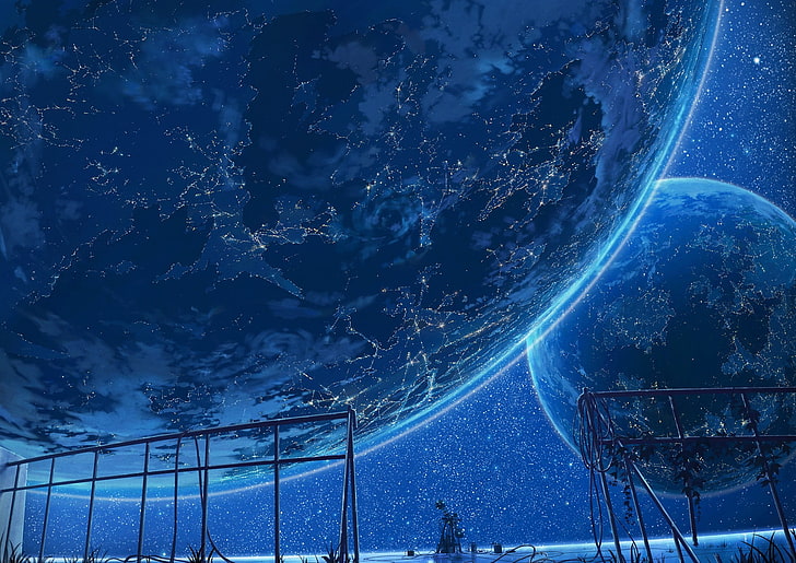 blue moon illustration, anime, planet, sky, space, night, astronomy