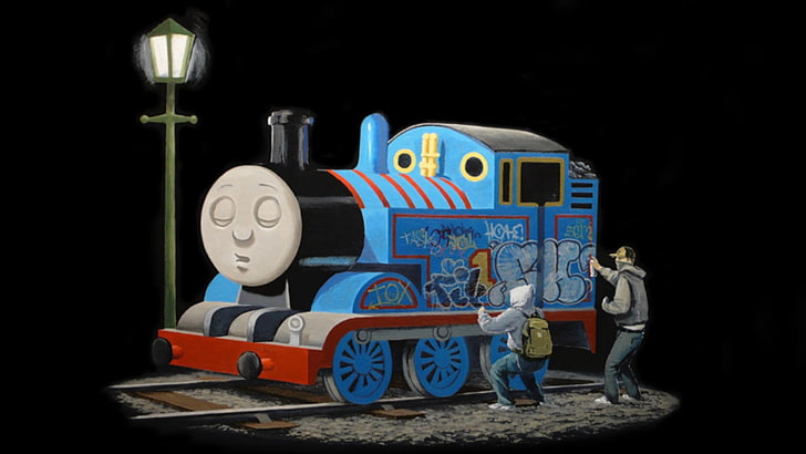 blue Thomas Train painting, humor, Thomas & Friends, graffiti, HD wallpaper