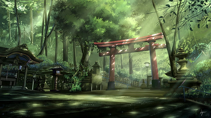 sun rays, landscape, steps, torii, forest, Asian architecture