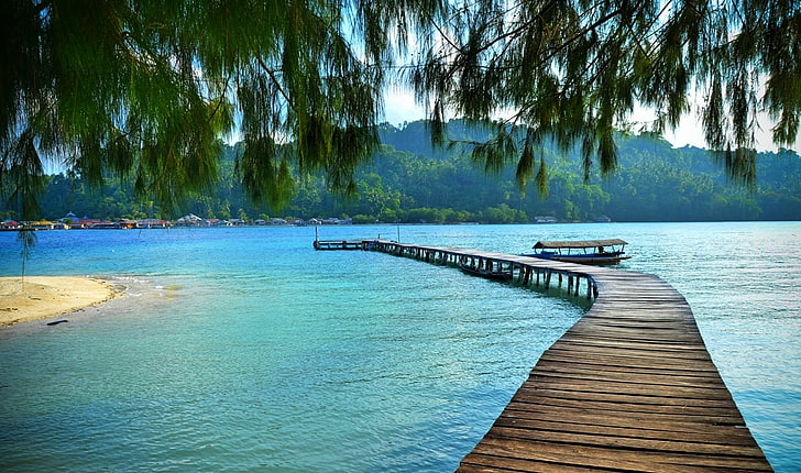 wooden sea dock, nature, landscape, boat, beach, trees, hills, HD wallpaper