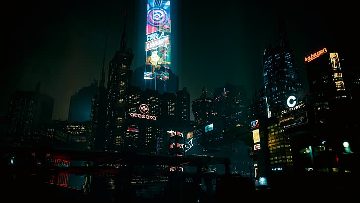 Cyberpunk 2077, night, city, cityscape, dark, neon, city lights