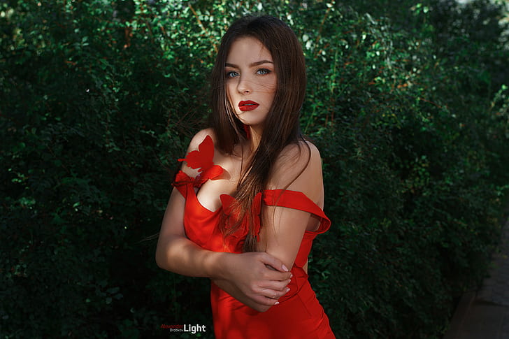 women, red lipstick, portrait, red dress, arms crossed