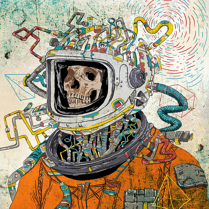 skeleton astronaut digital wallpaper, skull, space suit, art, HD wallpaper