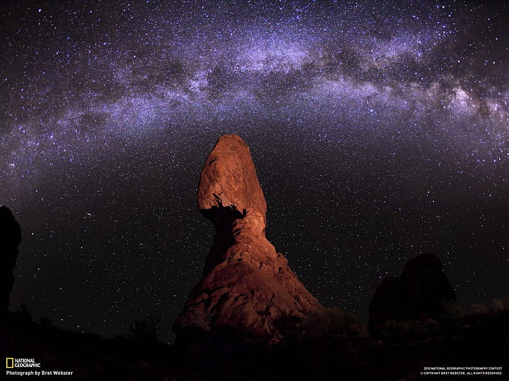 Night Milky Way Stars Galaxy Rock Stone Desert HD, nature, HD wallpaper
