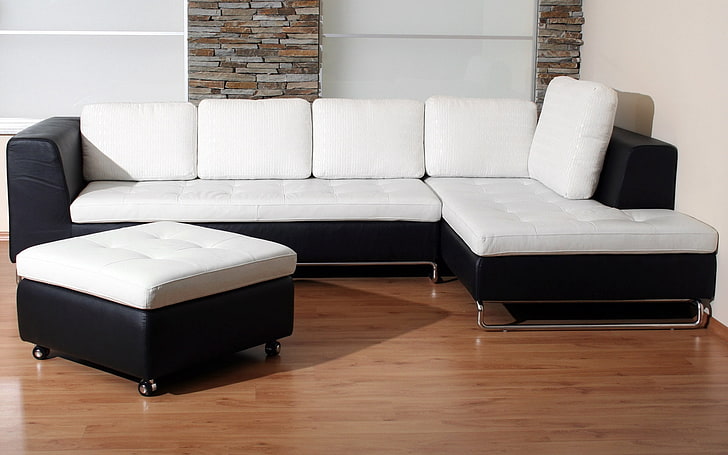 white and black sectional sofa, style, interior, design, furniture, HD wallpaper