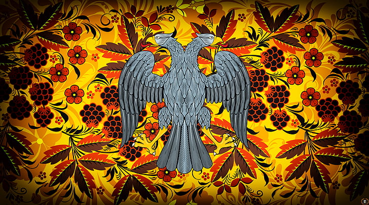 Flowers, Bird, Style, Eagle, Background, Coat of arms, Painting, HD wallpaper