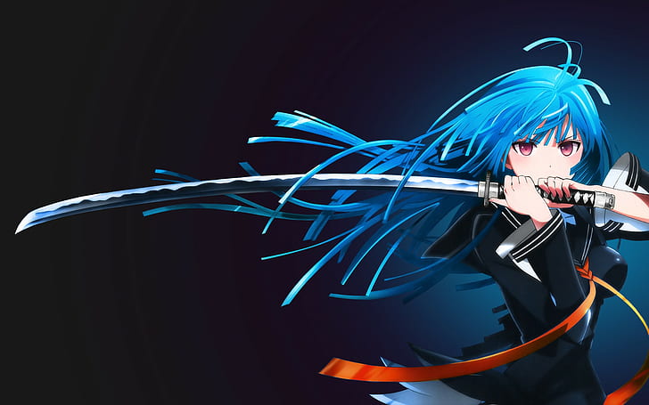 anime girls, long hair, Kisara Tendo, blue hair, sword, Black Bullet