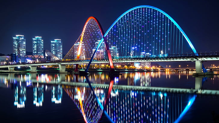 reflection, cityscape, bridge, landmark, night, illuminated, HD wallpaper