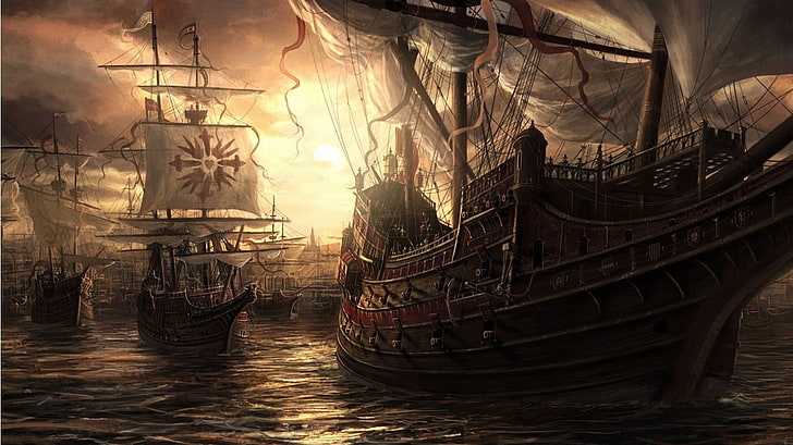 brown galleon ship digital wallpaper, fantasy art, sailing ship, HD wallpaper
