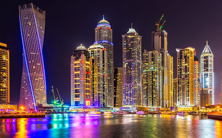 Dubai-city of skyscrapers, tall buildings, night light-port-yachts-Desktop Wallpaper download free, HD wallpaper