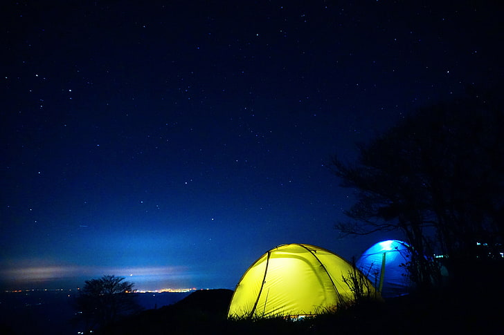 yellow and blue camping tents, night, starry sky, star - Space, HD wallpaper