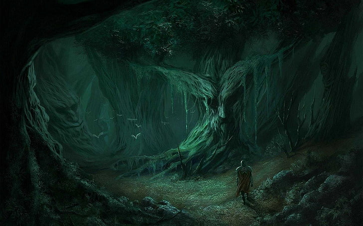 person standing infront of tree, fantasy art, green color, no people