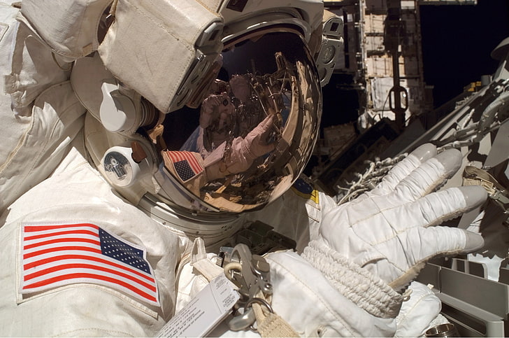 American Flag, Earth, helmet, NASA, orbits, reflection, space, HD wallpaper