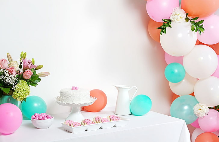 Birthday Party, Holidays, Colorful, Flowers, Cream, Balloons, HD wallpaper