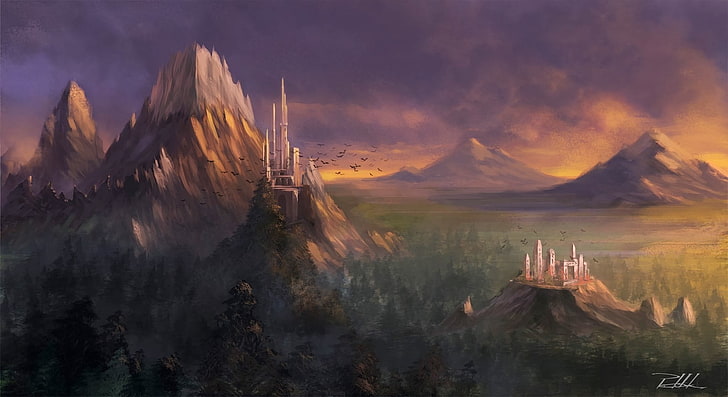 brown mountain, castle, mountains, landscape, forest, fantasy art, HD wallpaper
