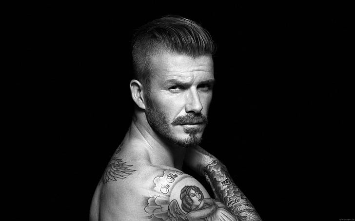 David Beckham in black and white, men's black tattoo, celebrity
