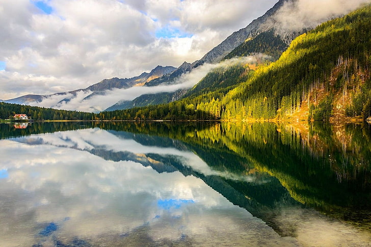 mountains, forest, lake, clouds, Italy, reflection, water, Alps, HD wallpaper