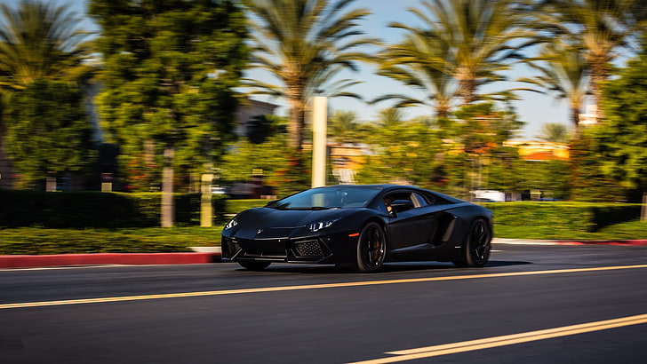black sports car, Lamborghini, Lamborghini Aventador, transportation