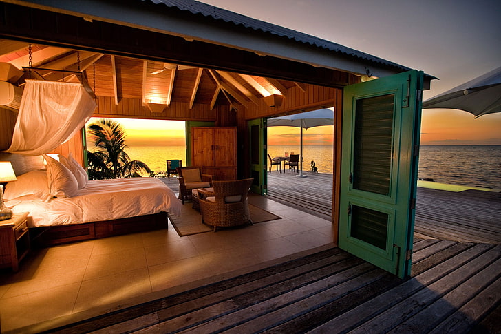 hotel, tropical, bungalow, sea, bedroom, wealth, luxury, architecture, HD wallpaper