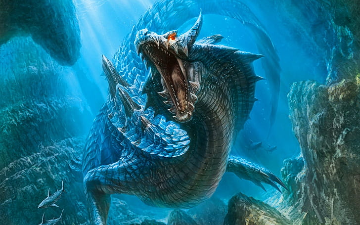 dragon, Lagiacrus, Monster Hunter, sea, shark, water, HD wallpaper