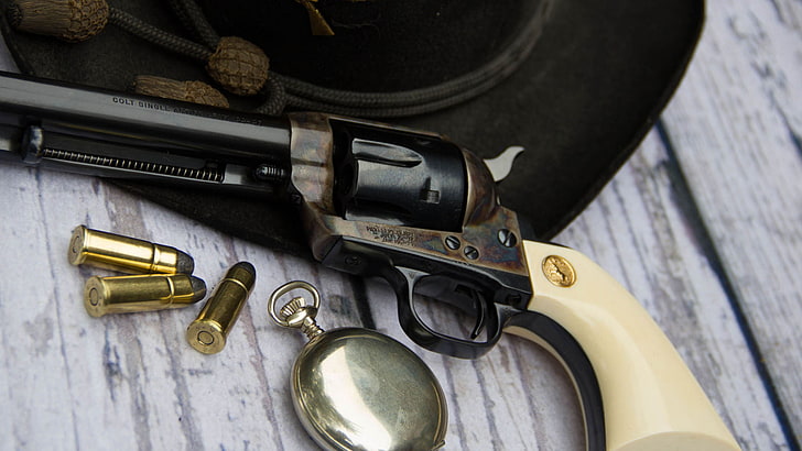 black revolver, weapons, watch, hat, cartridges, Colt, Action Army, HD wallpaper