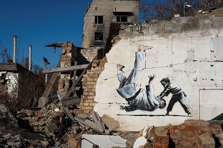 mural, graffiti, artwork, Ukraine, Banksy, wall, ruins, war, HD wallpaper