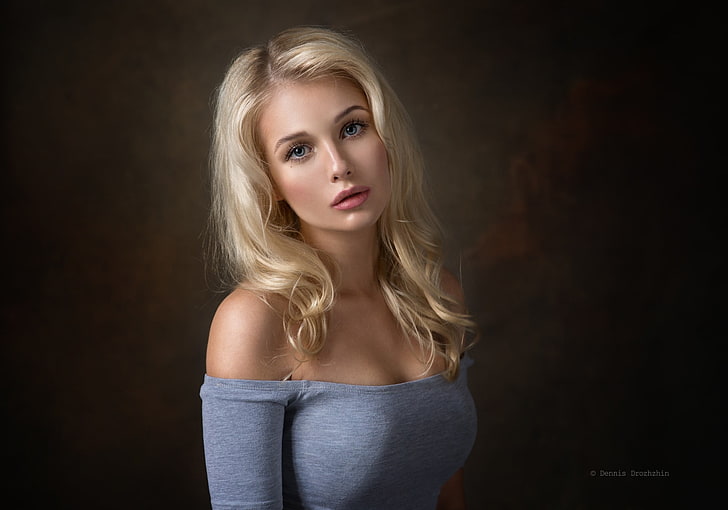 women, blonde, portrait, simple background, Dennis Drozhzhin