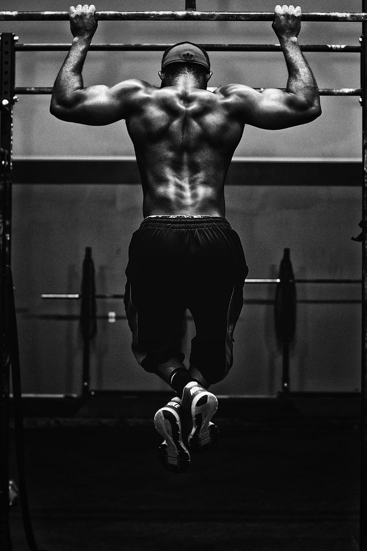 grayscale photo of man doing exercise, pull-ups, workout, bw, HD wallpaper