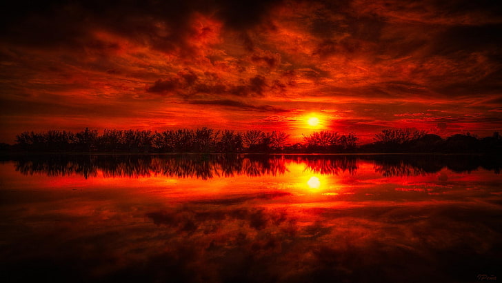 Red Sunset Peaceful Lake Reflections Nature Landscapes Wallpaper Hd 3840×2160, HD wallpaper