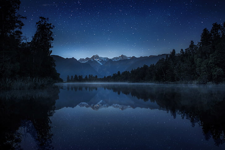 silhouette photo of lake, the sky, stars, trees, mountains, night