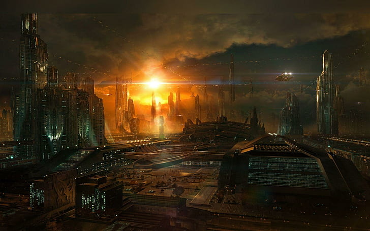 Sun rising over sci-fi city, game field illustration, fantasy, HD wallpaper