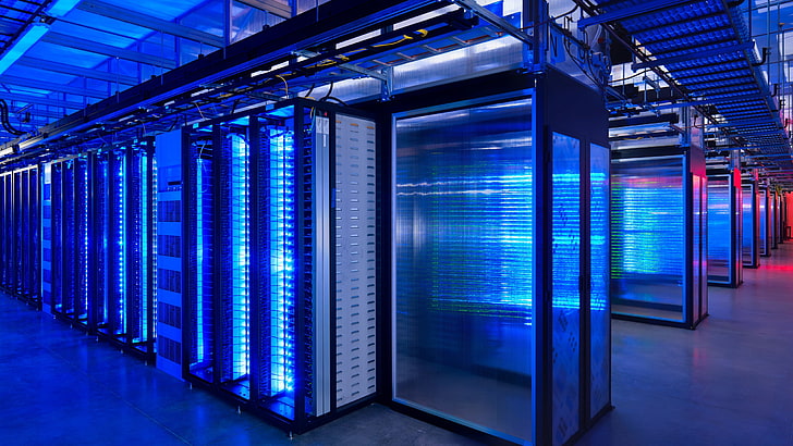 gray metal frame, computer, blue, neon, backlight, data center