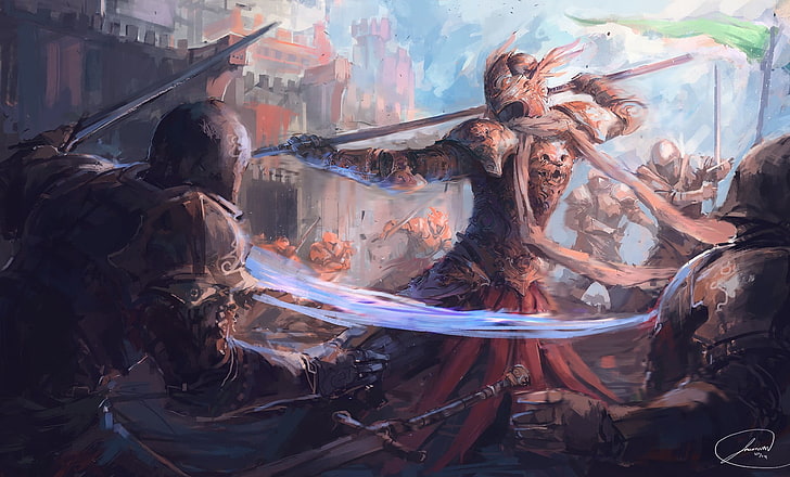 warrior with spear fighting painting, artwork, Jason Nuygen, sword