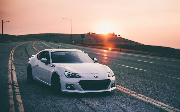 white coupe, subaru brz, cars, sunset, speed, transportation