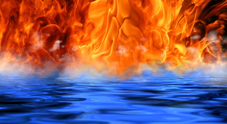 Fire - Water - Meet, flame and water illustration, Elements, motion