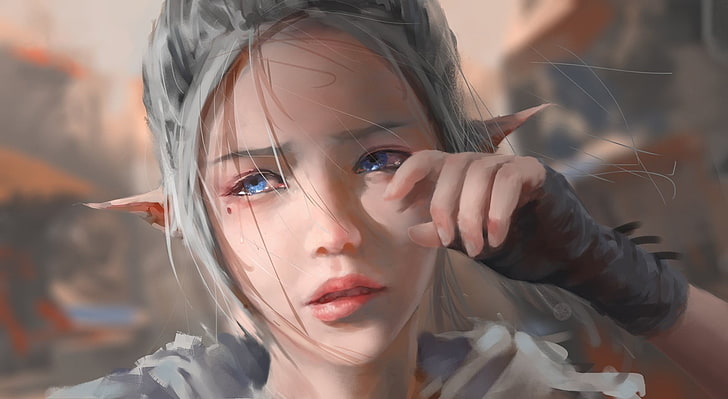female game character illustration, crying, elves, blue eyes