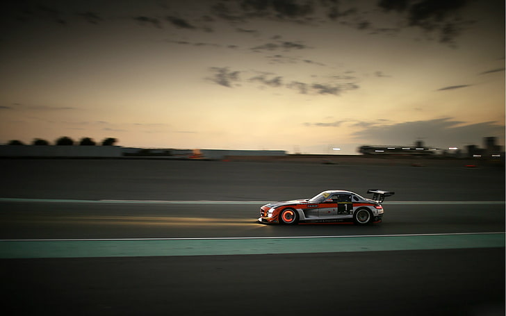 red and gray stock car, Mercedes SLS, racing, sunset, race cars, HD wallpaper