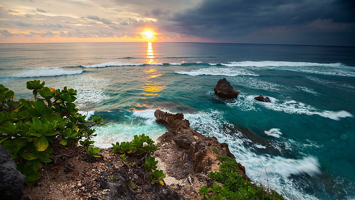 tropical, horizon, wave, water, sky, shore, ocean, coast, lombok, HD wallpaper