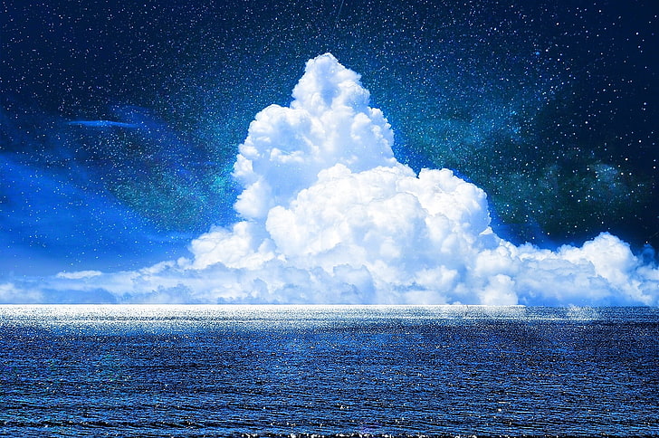 white and blue stone fragment, clouds, sea, fantasy art, sky