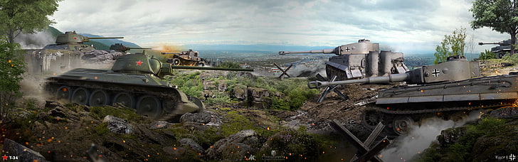 battle, panorama, the battle, tanks, T-34, World of Tanks, German HD wallpaper