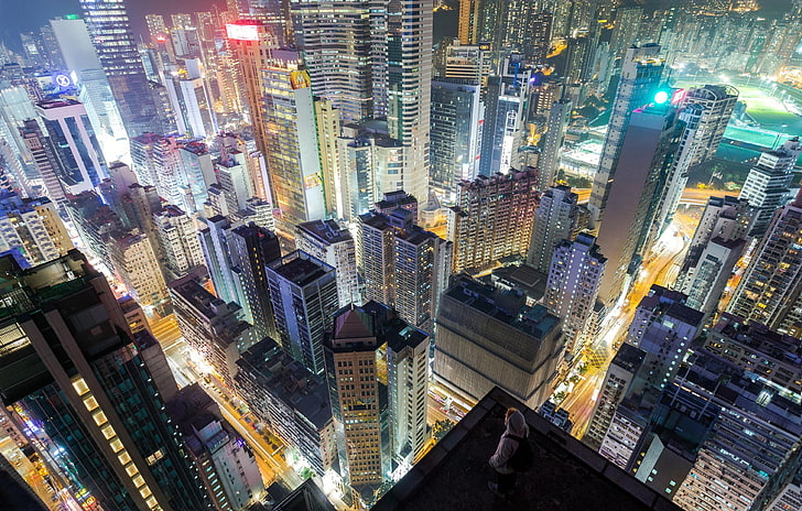 top view of city buildings, cityscape, rooftops, city lights, HD wallpaper
