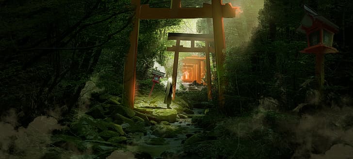 torii, forest, anime girls