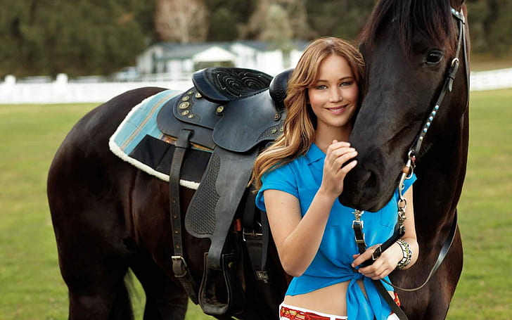 Jennifer Lawrence, blondes, women, actresses, animals, horses, blue dress, girls with horses, HD wallpaper
