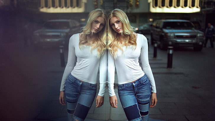 women's white long-sleeved shirt, photography, model, mirror