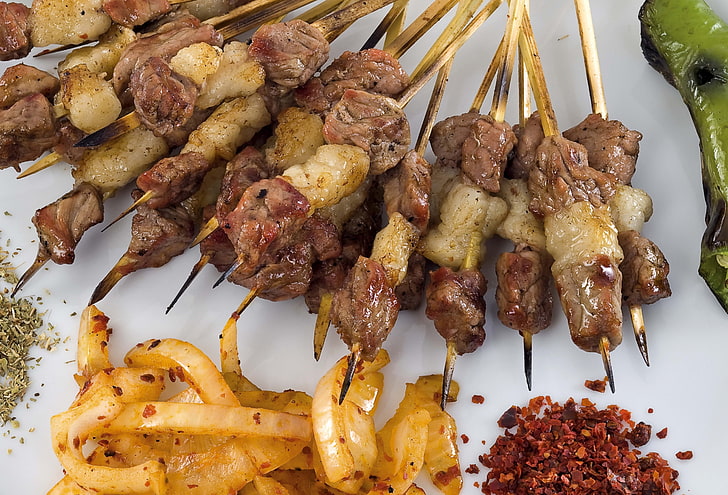 skewered meat lot, kebabs, rods, plate, spice, food, meal, grilled