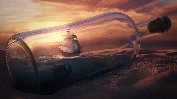 clear glass bottle, ship, sailing ship, bottles, fantasy art