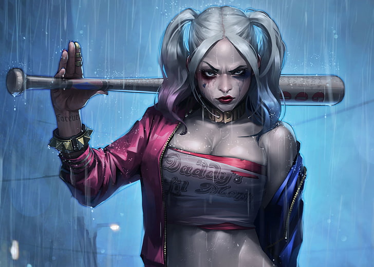 Harley Quinn illustration, rain, bit, Suicide Squad, Margo Robbie