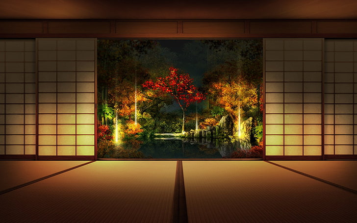  Fondo de pantalla HD Artístico, Japonés, Interior, Shoji, Árbol, planta, arquitectura