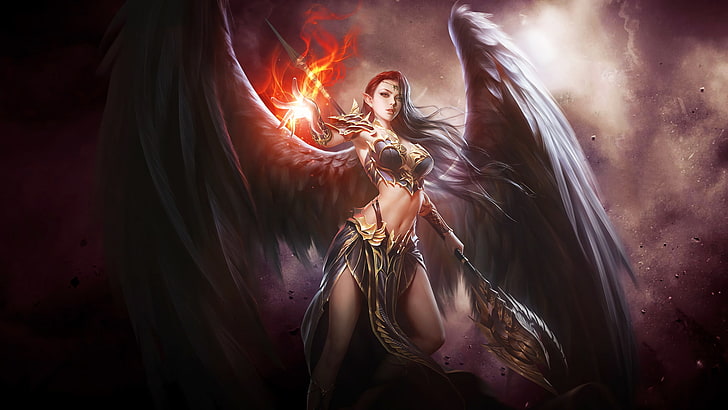 Fantasy, Angel Warrior, Dark, Fire, Weapon, Wings, Woman