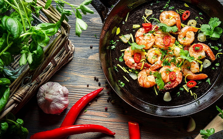 Shrimp with Pepper Chili Garlic Herbs, food, chilli, HD wallpaper